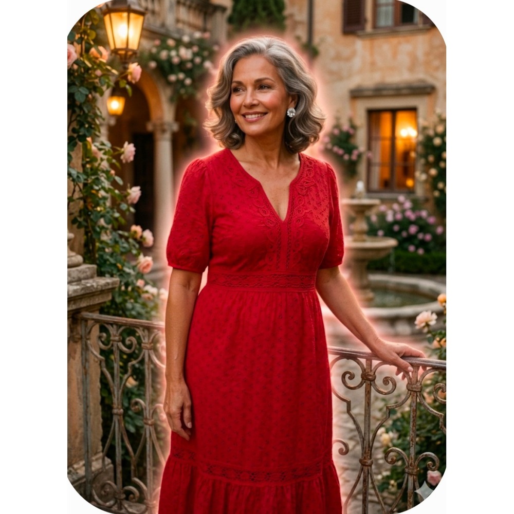 Ulla Popken Red Eyelet Cotton A-Line Dress Womens 12/14 V-Neck Lace Trim Midi